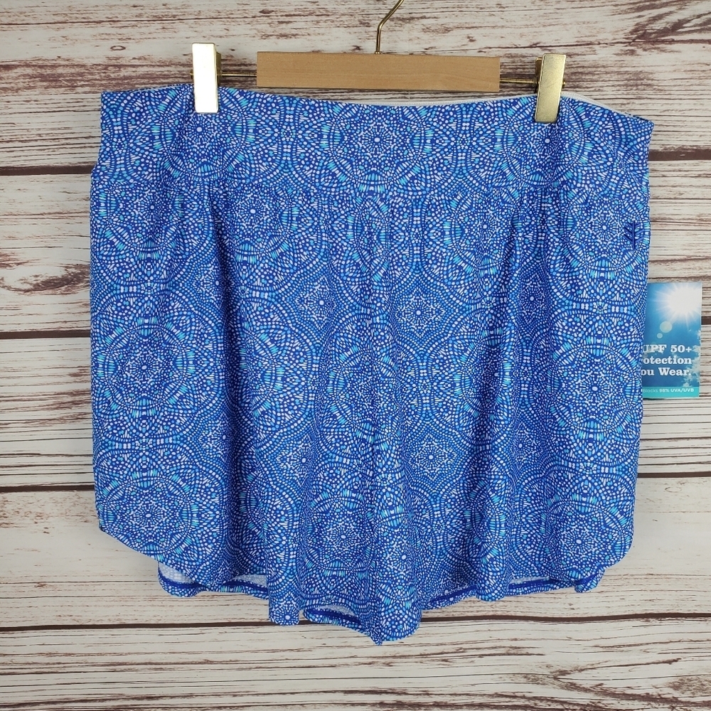 NWT Coolibar Womens Large UPF 50+ Ripple Swim Shorts Blue Print